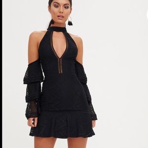 Prettylittlething black lace shoulder dress